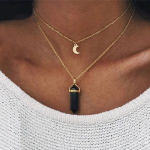 Multilayer Gold Moon 🌙  Black Stone Necklace